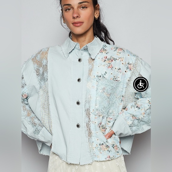 POL Pale Blue Floral Mixed Media Lace Button Down Shirt - Picture 1 of 4